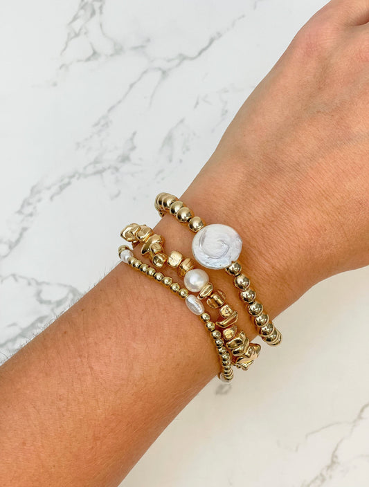 Gold and Pearl Beaded Stretch Bracelet Set