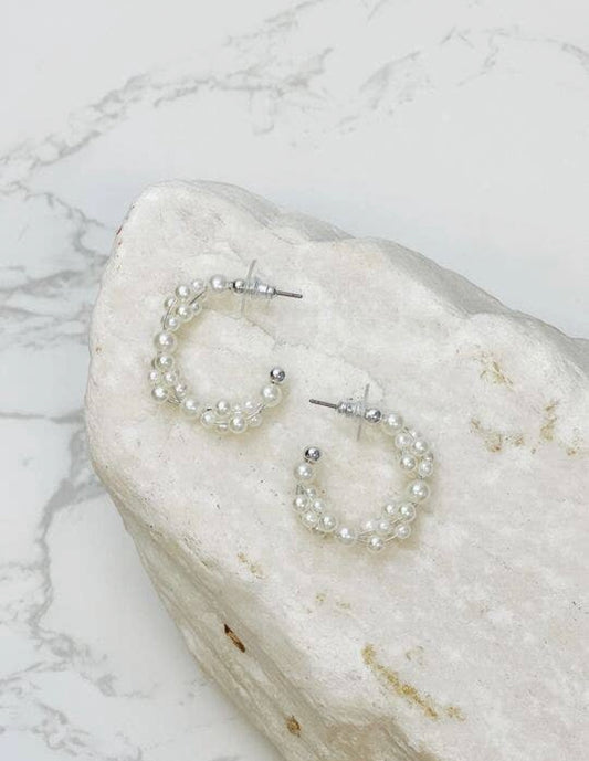 Pearl Cluster Hoop Earrings in Silver