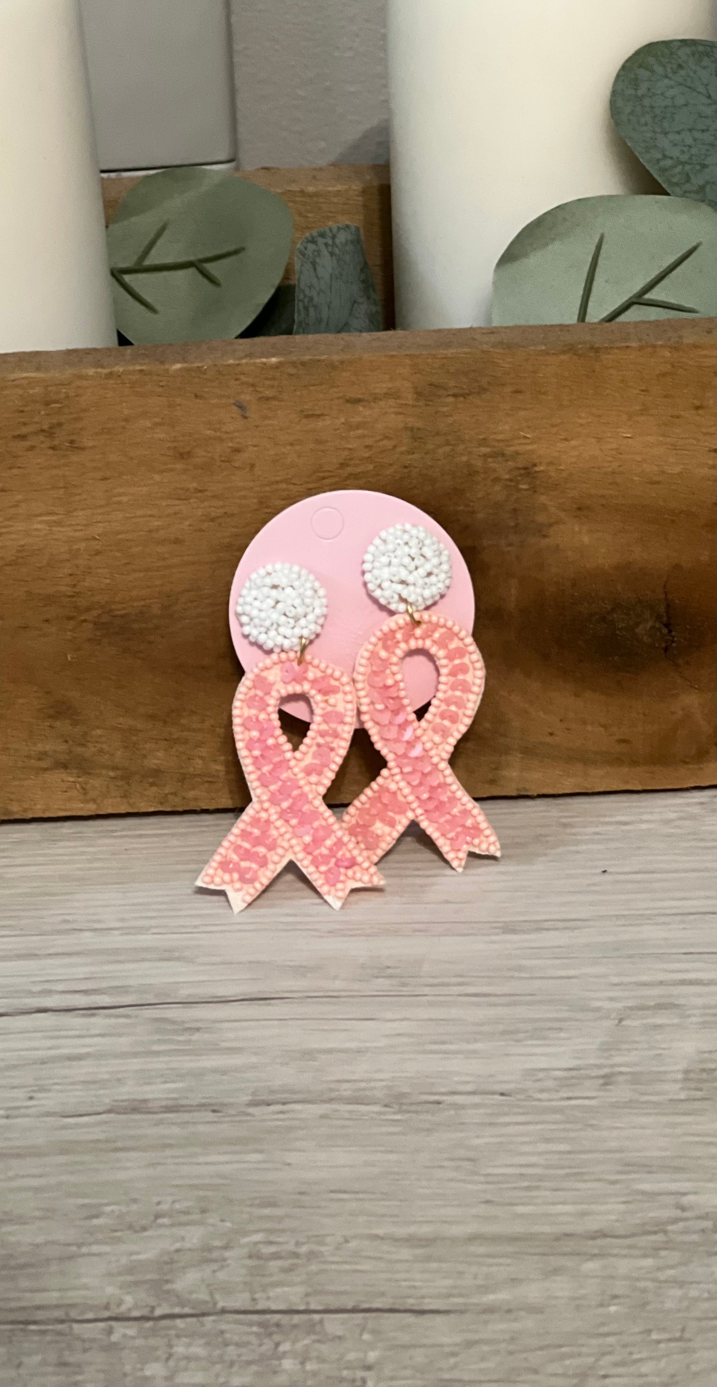 Breast Cancer Ribbon Sequin Dangle Earrings